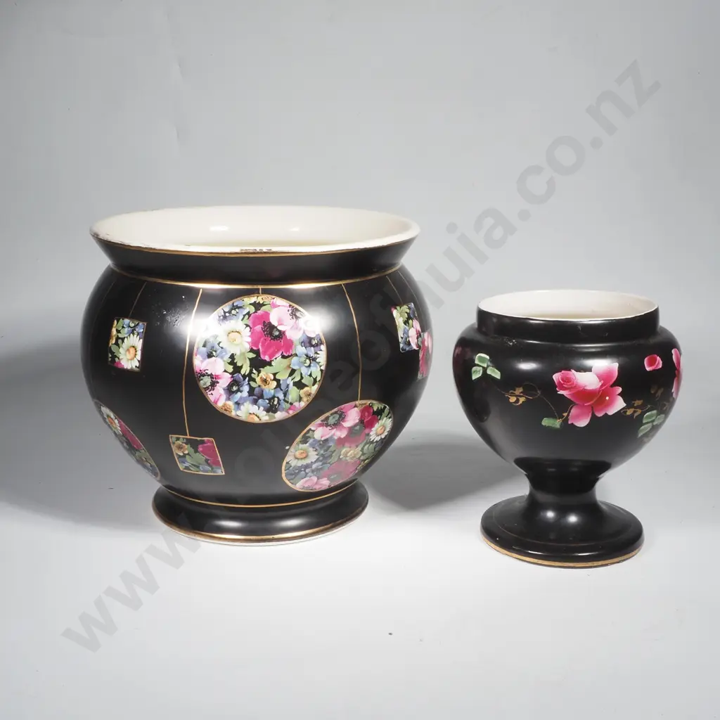 Art Deco Falcon Ware Jardinière w Black Ground & Floral Circular Medallions & Black Ground Footed Dish Image 1++