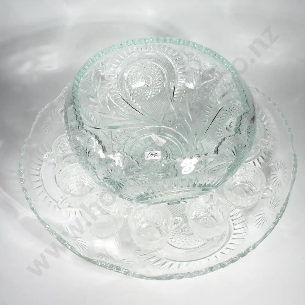 Vintage Moulded Glass Punch Bowl & Undertray w Starburst Decoration & Scallop Rim & w Twelve Cups. Undertray A/F Image 1++