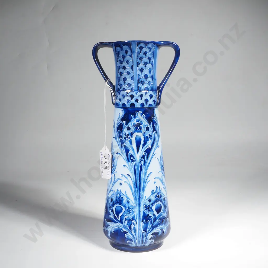 William Moorcroft Macintyre Florian Ware Two Handled Vase, Tall Tapering Form decorated in a Version of Peacock Design Image 1++