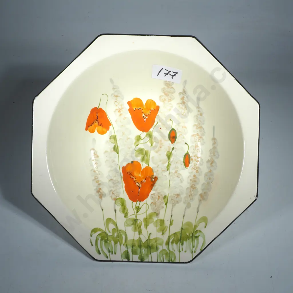 Octagonal A.J Wilkinson Honeyglaze Bowl w Hand-painted Floral Design of Poppies & Delphiniums, Marked Handpainted 8504 Image 1++