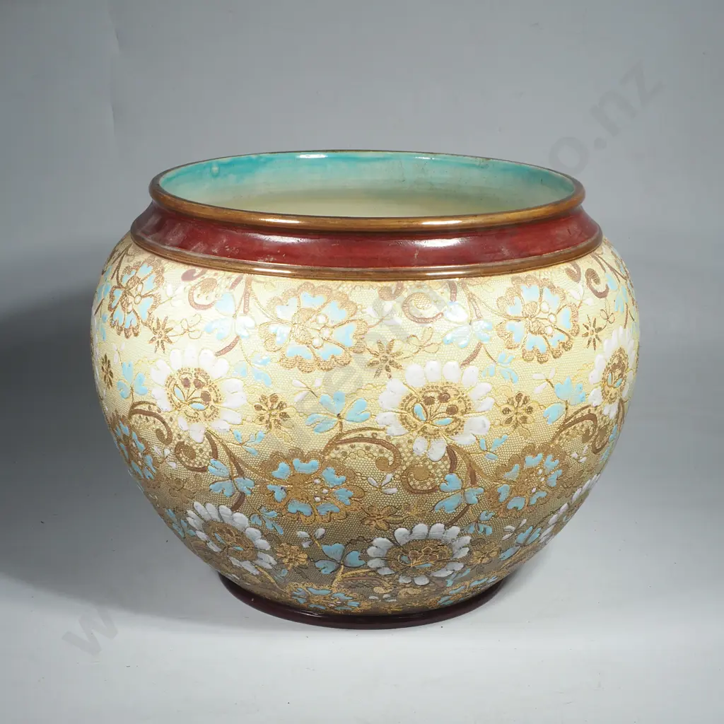 Large Doulton Lambeth Slaters Patent Stoneware Jardinière w Textured Lace Pattern Body & Floral Turquoise Decoration Image 1++