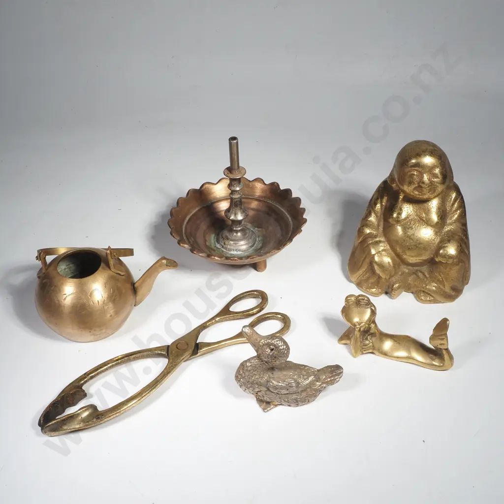 Collection of Brass Items including a Heavy Brass Buddha, Fire Tongs, Duck, Frog & a Teapot (minus Lid) Image 1++