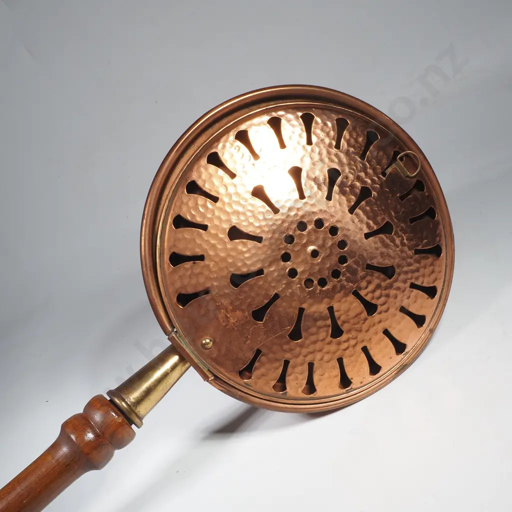 Reproduction Copper Bed Warmer w Pierced Lid & Turned Wooden Handle Image 1++