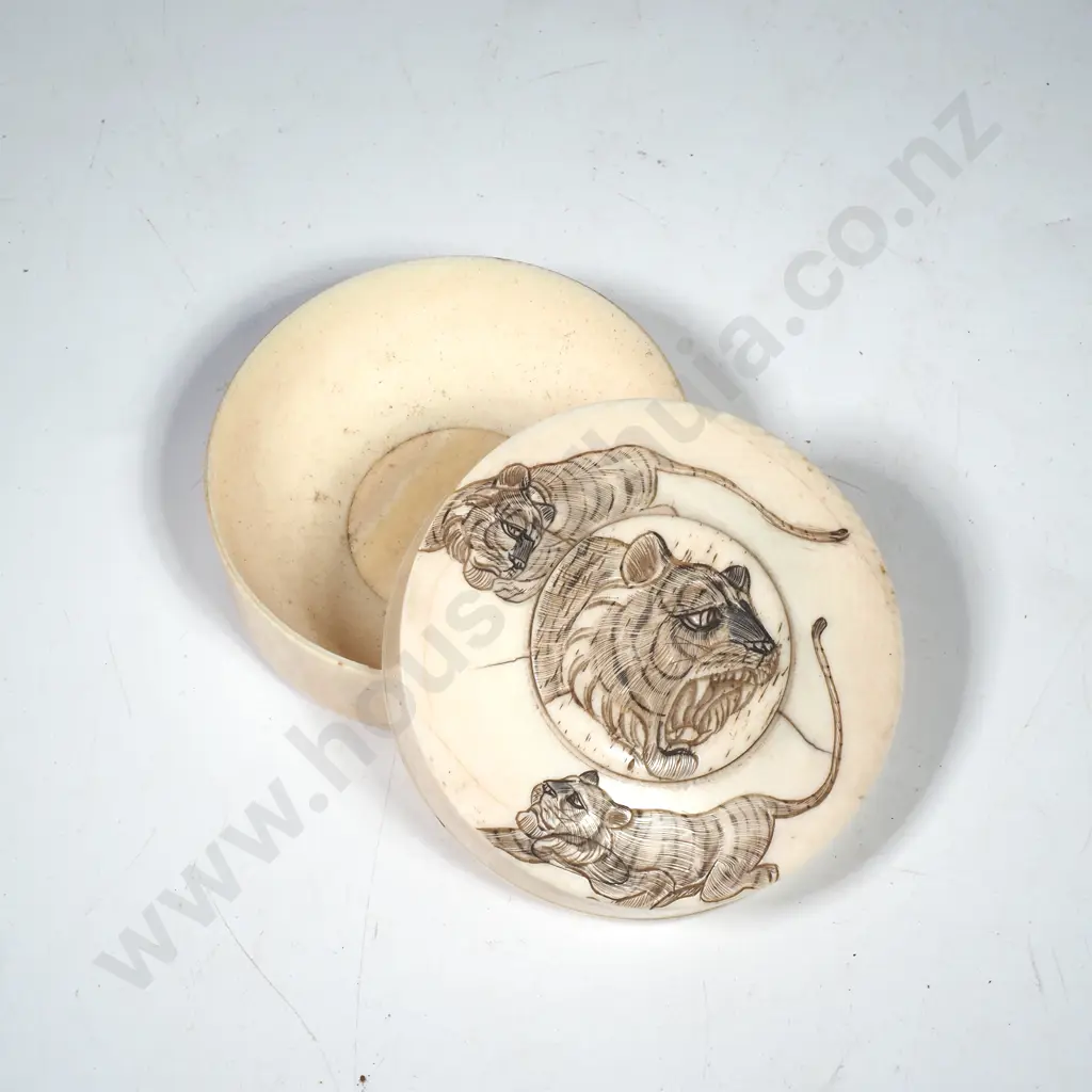 Small Circular Carved Ivory Box w Engraved Tiger Motifs Image 1++