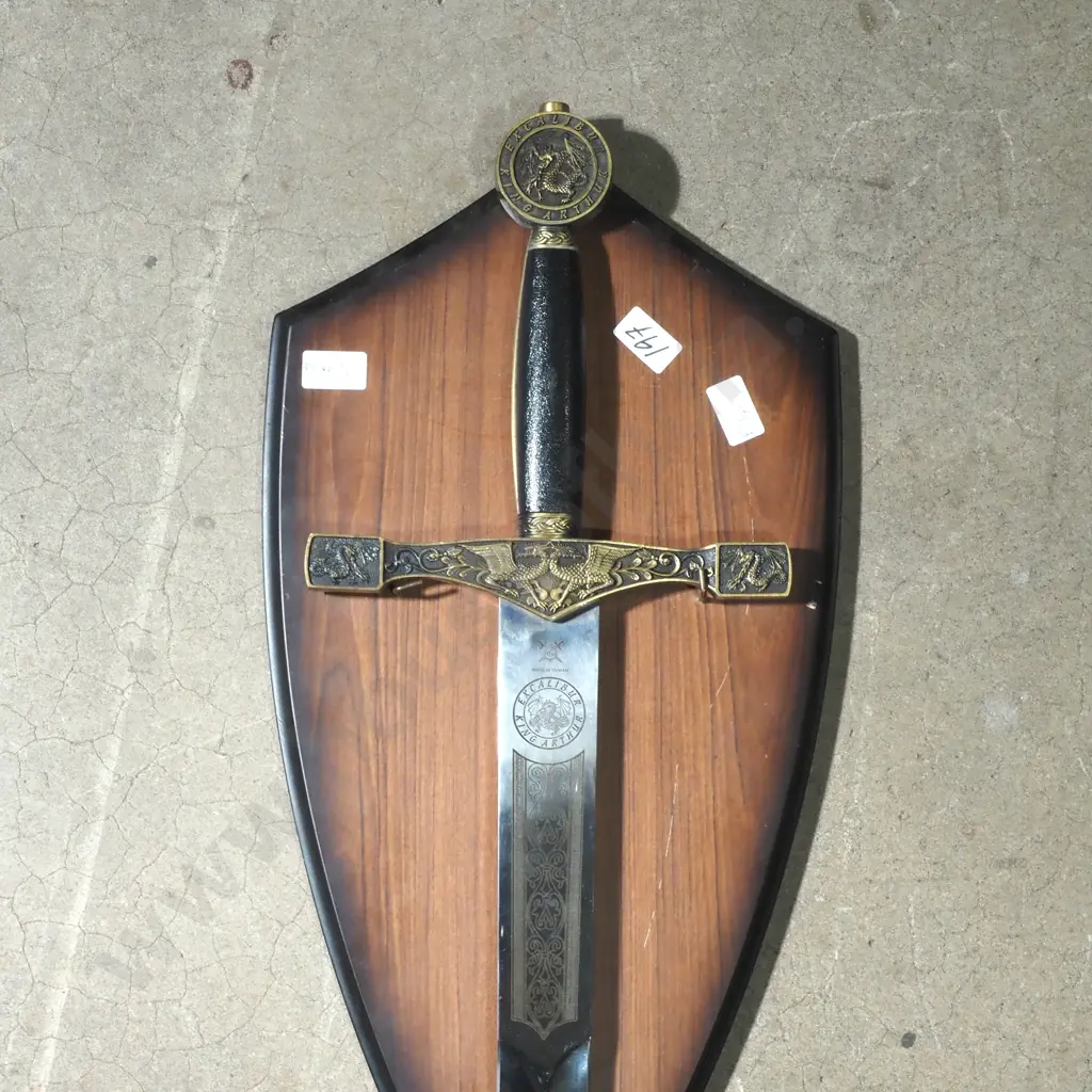 Decorative Replica of King Arthur's Excalibur Sword Mounted on a Wooden Wall Display Plaque Image 1++