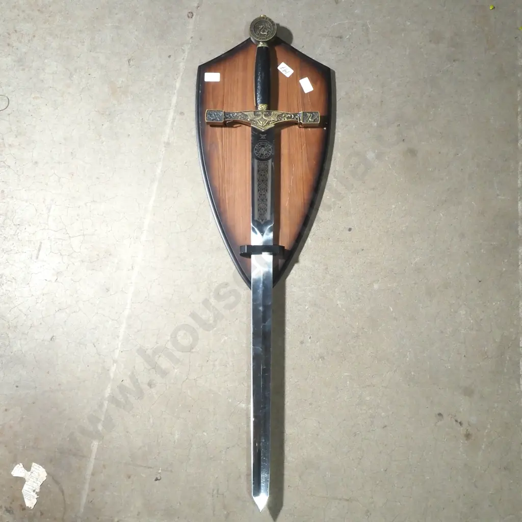 Decorative Replica of King Arthur's Excalibur Sword Mounted on a Wooden Wall Display Plaque Image 1++