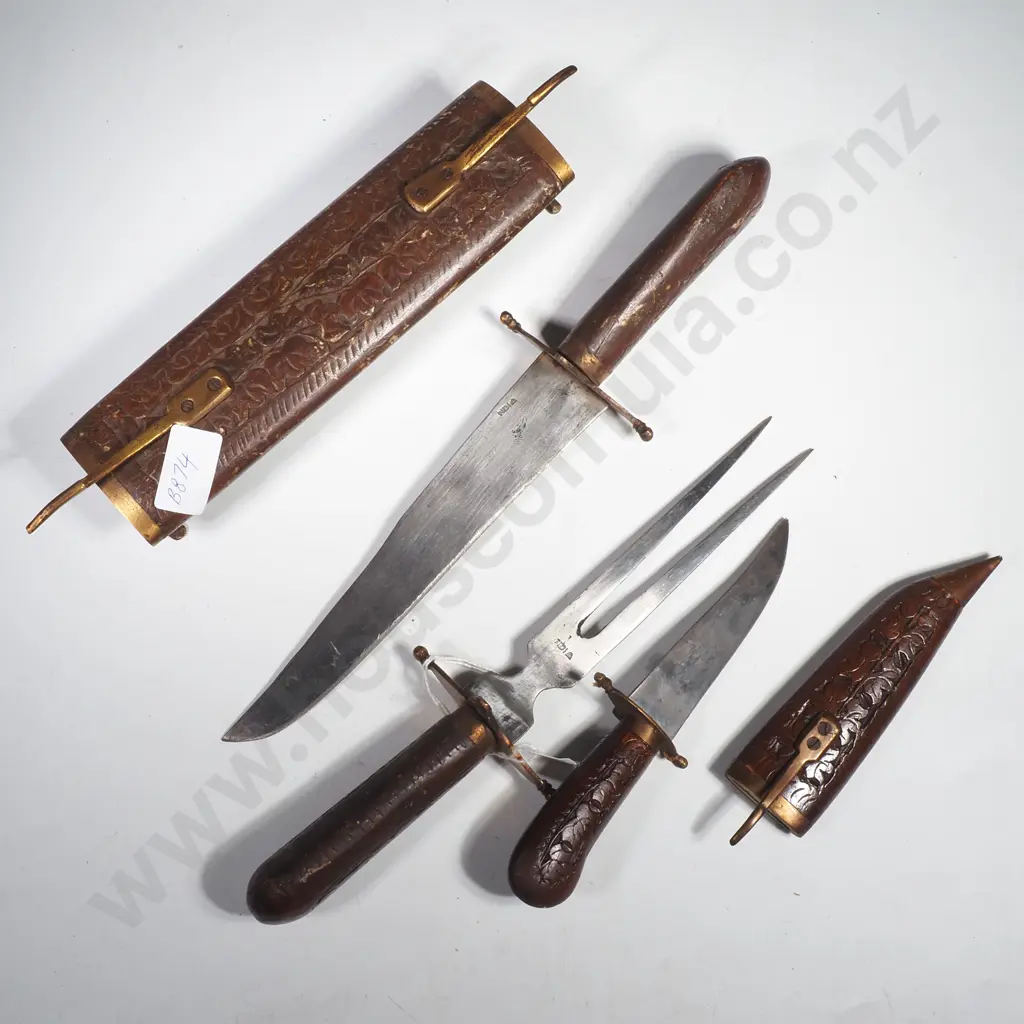 Vintage Hand Carved Wood & Brass Carving Set (Knife & Fork) w a Double End Locking from India & an Indian Dagger Image 1++