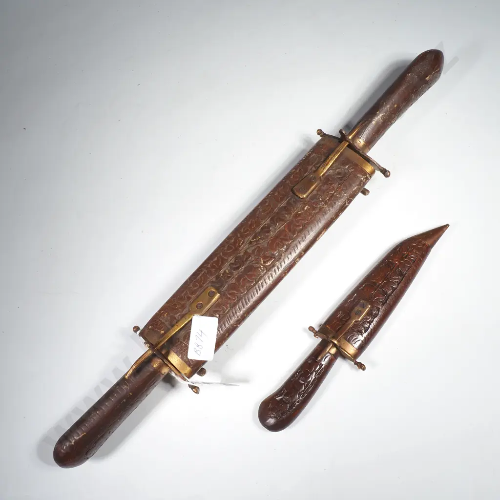 Vintage Hand Carved Wood & Brass Carving Set (Knife & Fork) w a Double End Locking from India & an Indian Dagger Image 1++