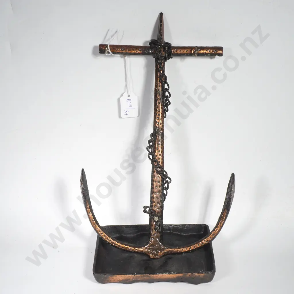 Beaten Copper Nautical Themed Utensil Holder in the form of an Anchor on a Copper Base Image 1++
