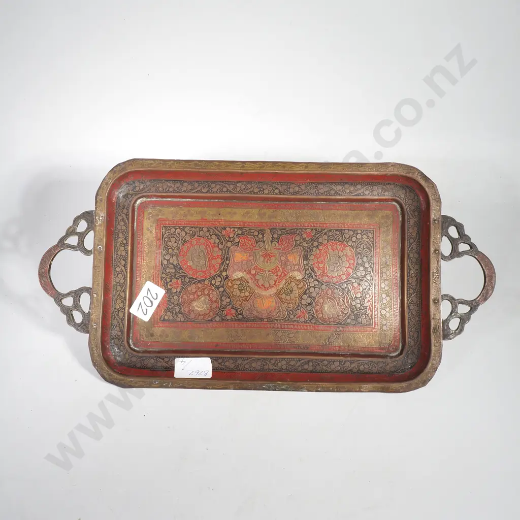 Vintage Etched Brass & Enamel Handled Tray Image 1++