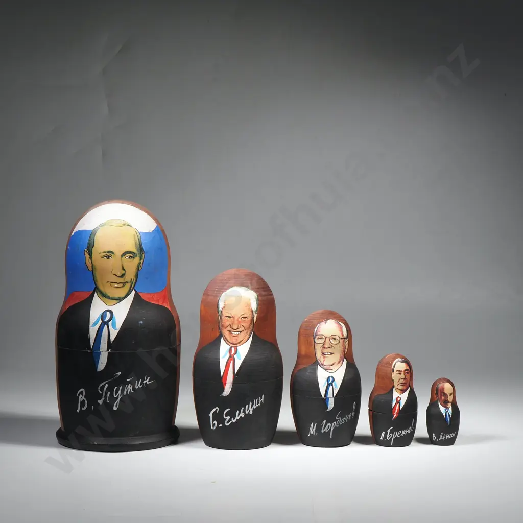 Five Piece Political Russian Nesting Doll Set w Hand Painted Caricature Portraits of  Putin,Gorbachev & Yeltsin Image 1++
