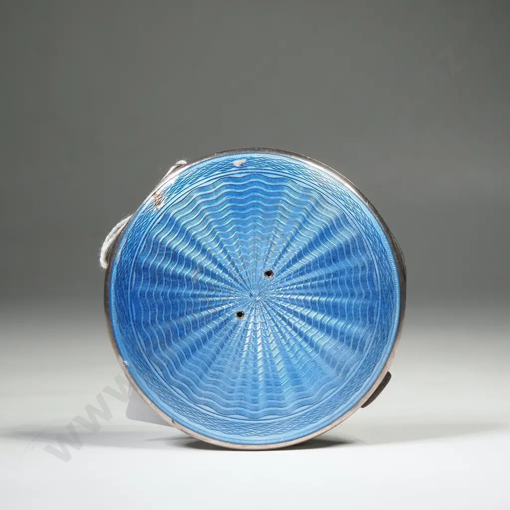Sterling Silver Powder Compact w Guilloche Blue Enamel, Birm Image 1++