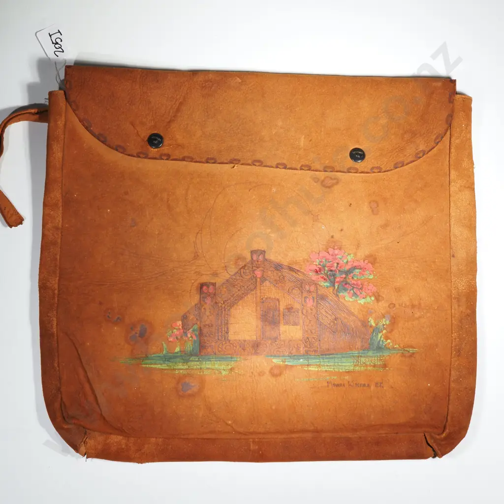 Vintage Souvenir Leather Satchel w Whare Design in Pokerwork Image 1++