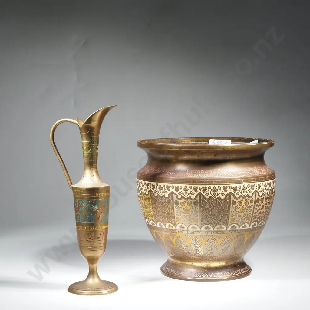 Vintage Enamel Brass Jardinière & Narrow Ewer, Made in India Image 1++