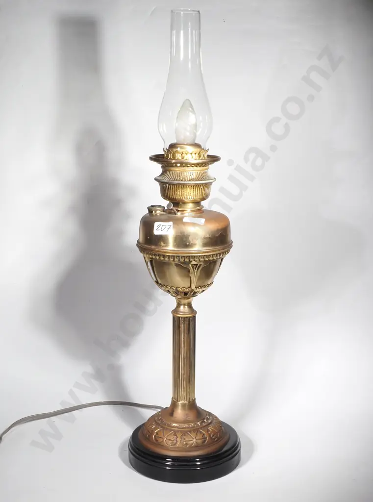 Antique Brass Column Oil Lamp - Converted into an Electric Table lamp Image 1++