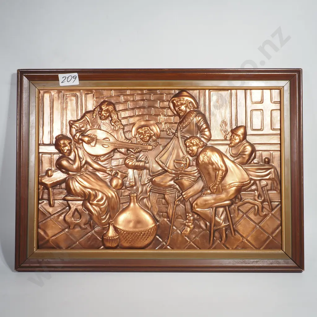Vintage Framed Embossed Copper Repousse Wall Plaque depicting Figures in a Tavern Image 1++