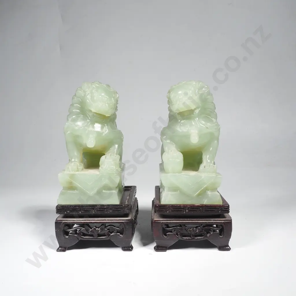 Pair of Green Jade Foo Dogs on Carved Wooden Stands Image 1++