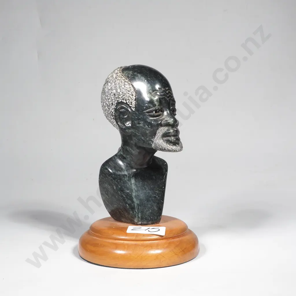 Carved Soapstone Bust on Wooden Base Signed J Masoka Image 1++