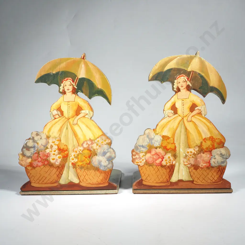 Art Deco Die Cut Pair of Wooden Crinoline Lady / Flower Girl Bookends a/f Image 1++