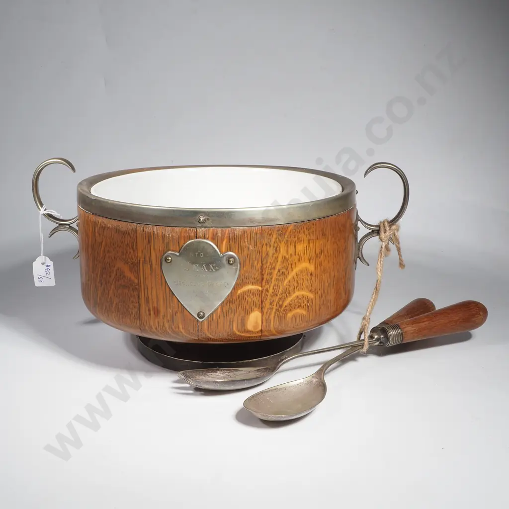 Oak Salad Bowl w Silver Plated Rim & Matching Oak Handled Salad Servers Image 1++