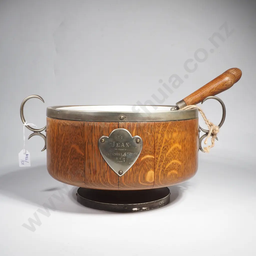 Oak Salad Bowl w Silver Plated Rim & Matching Oak Handled Salad Servers Image 1++