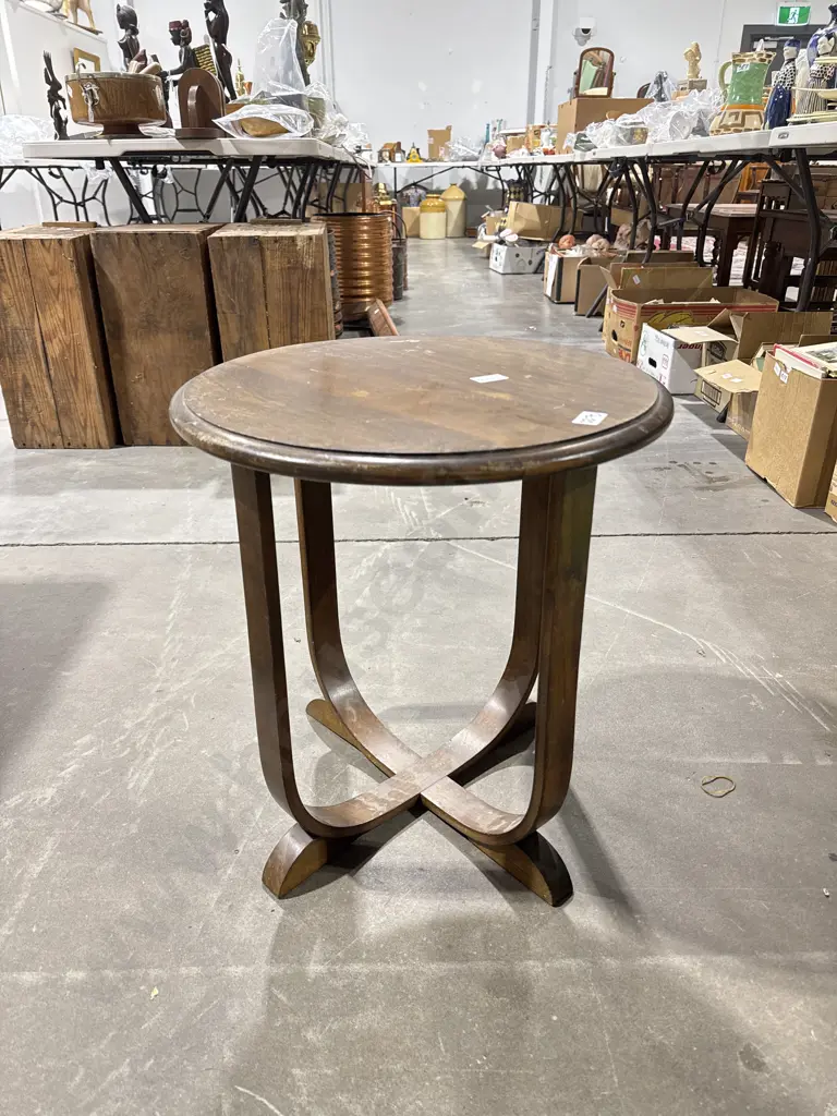 Art Deco Round Occasional Table w Circular Top on a Curved Quadripod or Multi Bowed Base Image 1++