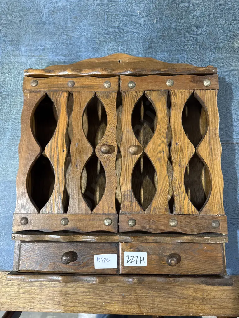 Vintage Wooden Spice Rack Cabinet w Two Cut Out Doors & Two Small Bottom Draewe Image 1++