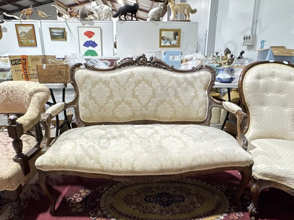 Antique French Louis XV Style Carved Wooden Sofa Upholstered in a Brocade Fabric & w Ornate Floral & Scroll Carved Frame Image 1++
