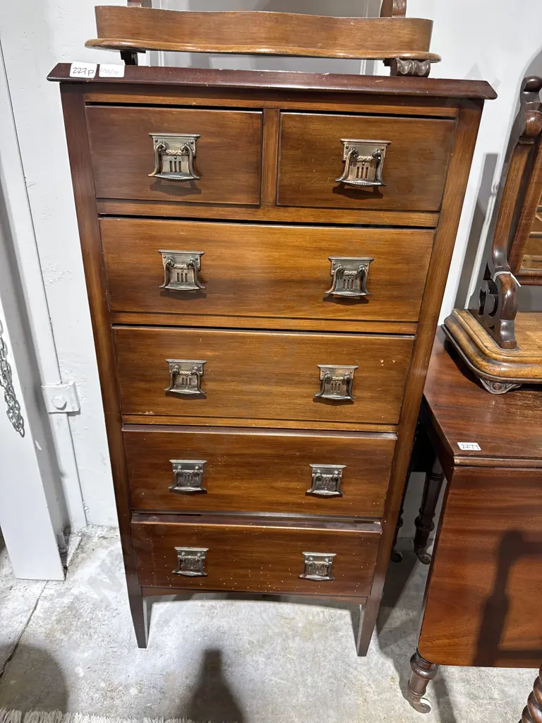 Vintage Mahogany Six Drawer Tall Boy w Ornate Copper Art Nouveau Handles Image 1++