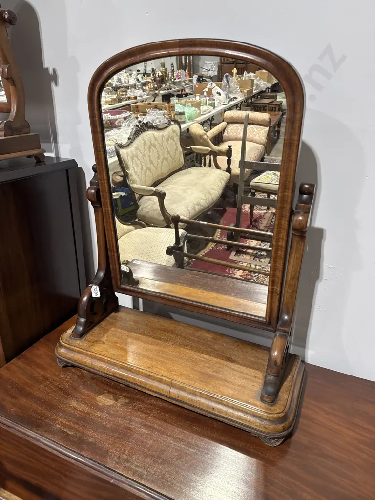 Victorian Mahogany Toilet Mirror w Arched Frame on Scroll Supports & Plain Rectangular Base Image 1++