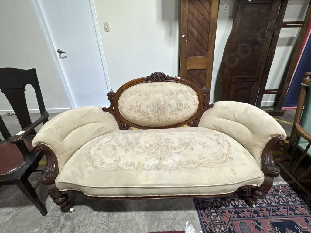 Antique Victorian Mahogany Carved Cameo Back Sofa w Floral Tapestry Upholstery Image 1++