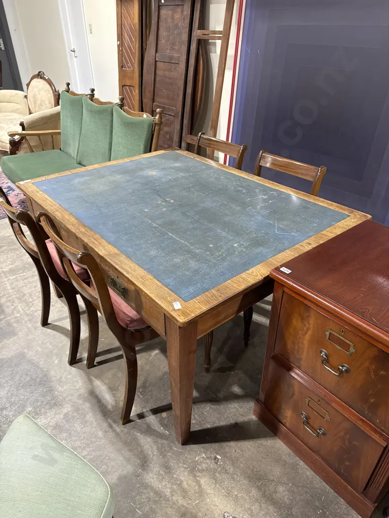 Large Antique Writing  Desk w Two Frieze Drawers w Brass Arts & Craft Style Handles on Square Tapering Legs Image 1++