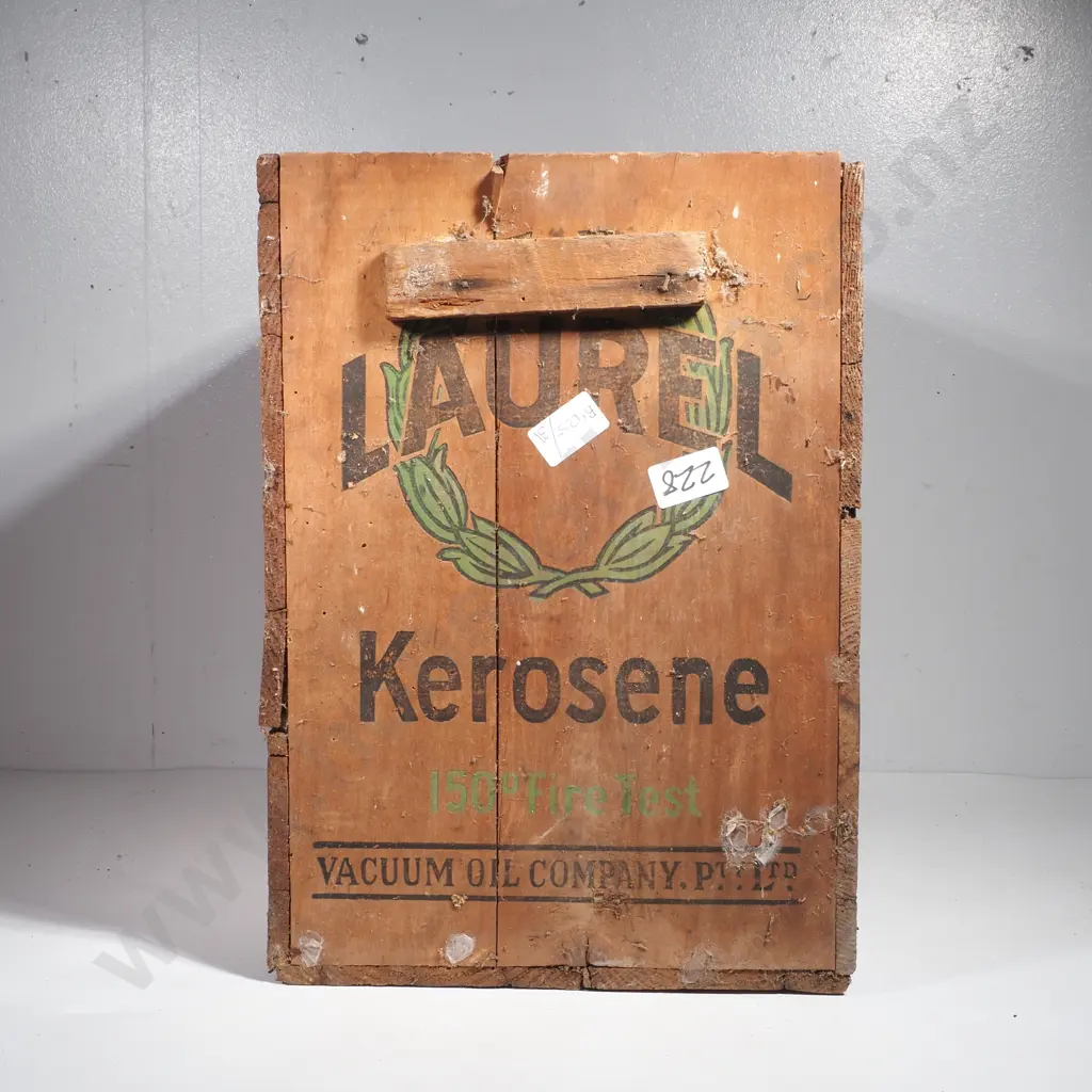 Vintage Laurel Kerosene Wooden Crate by the Vacuum Oil Company Pty Ltd, Circa 1940s Image 1++