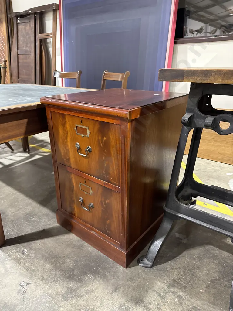 Two Drawer Wooden Filing Cabinet w Brass Label Pulls & Swan Neck Handless Image 1++