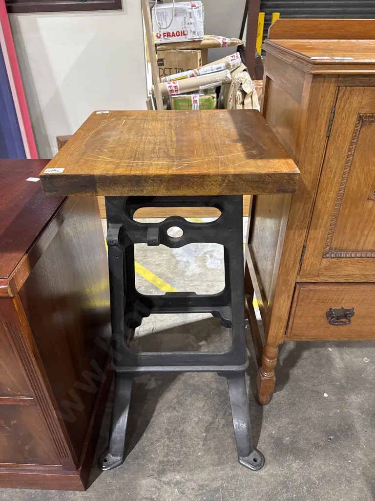 Vintage Industrial Pedestal Stand w Square Wooden Top on a Cast Iron Base (Component of an Industrial Knitting Machine) Image 1++