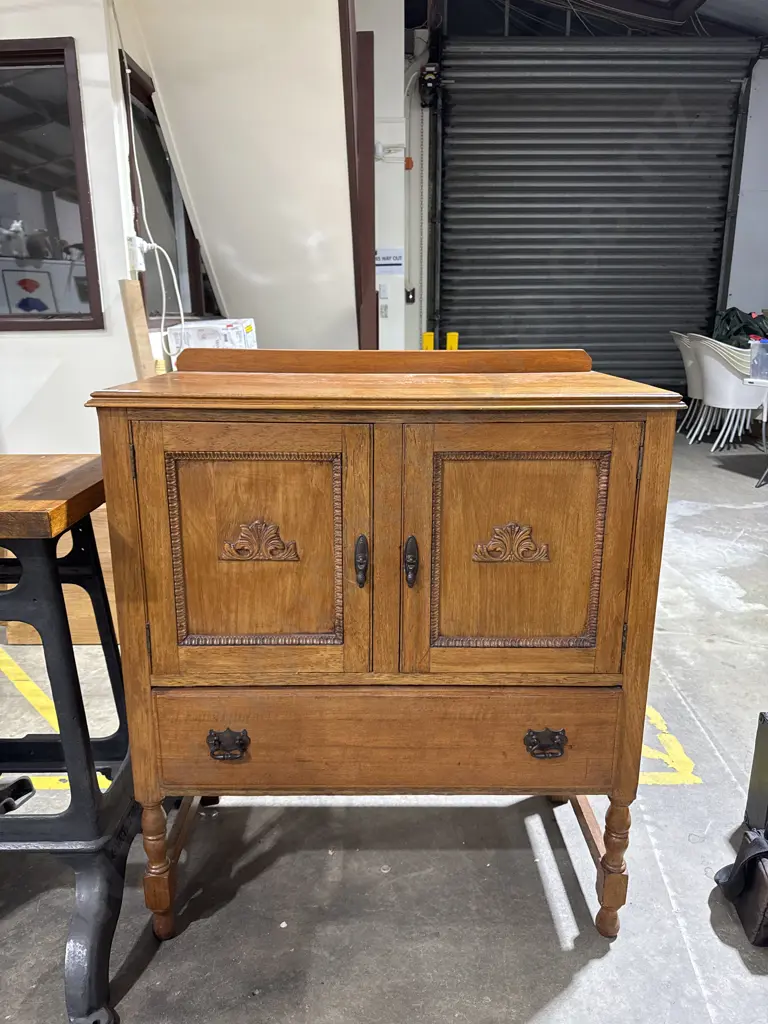 Vintage Oak Sideboard w One Long Drawer over Two Cupboards w Carved Wood Decoration & Drop Handles on Four Turned Legs Image 1++