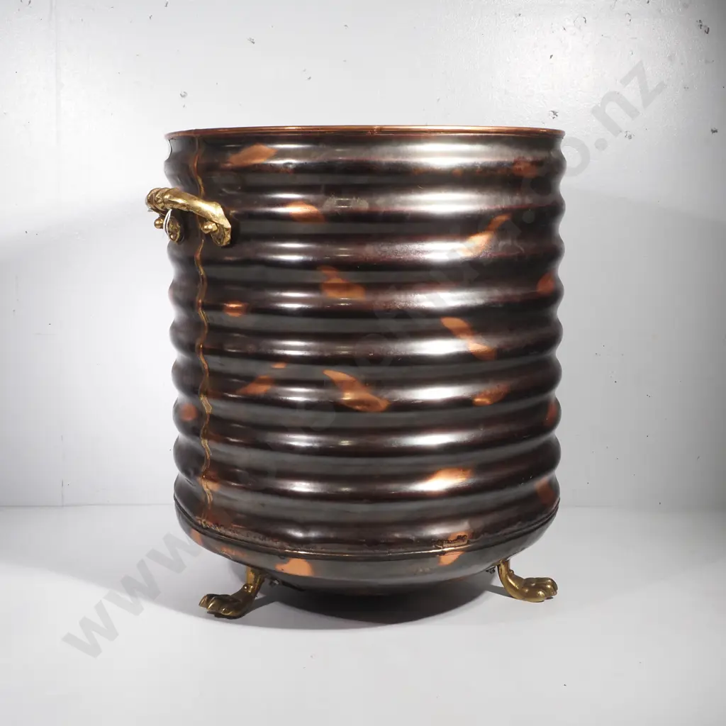 Corrugated Copper Log Bin on Three Brass Paw Feet & w Brass Handles Image 1++