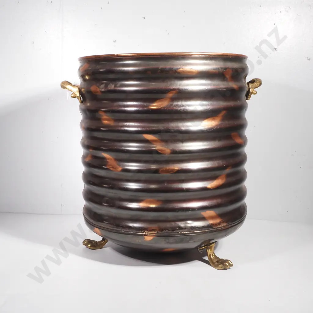 Corrugated Copper Log Bin on Three Brass Paw Feet & w Brass Handles Image 1++