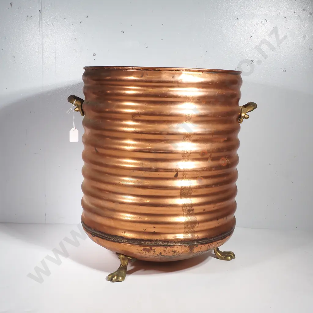 Corrugated Copper Log Bin on Three Brass Paw Feet Image 1++