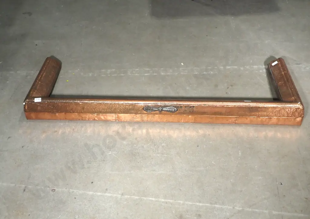 Copper Arts & Crafts Molded Fireplace Fender w Mitred Corner Joints & Decorative Metal Accent to Centre Image 1++