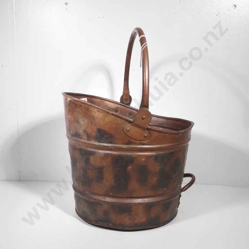 Hand Hammered Copper Coal Scuttle w Swing Handles & Riveted Mountings Image 1++