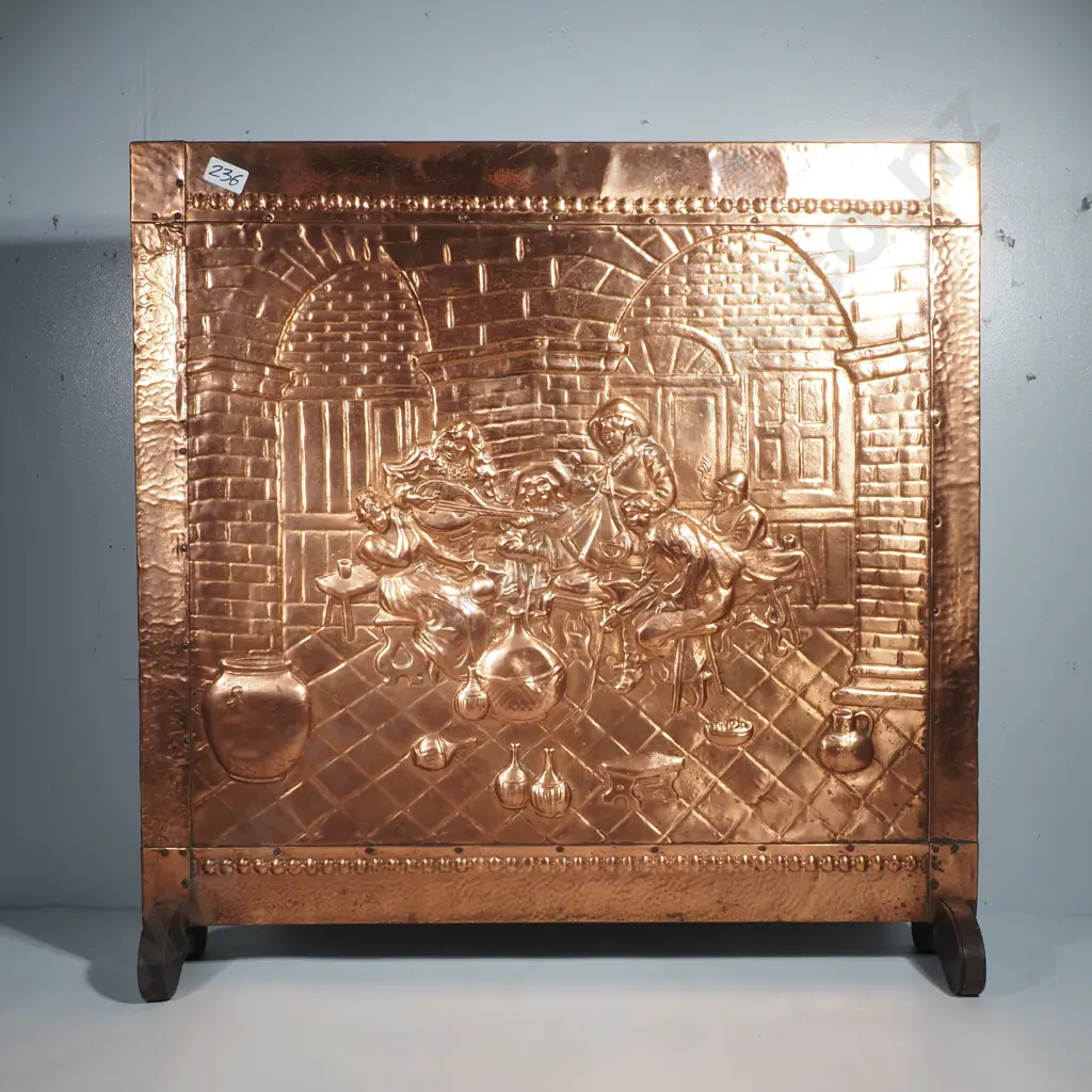 Vintage Embossed Copper Repoussé Relief Fire Guard w Tavern Scene Image 1++