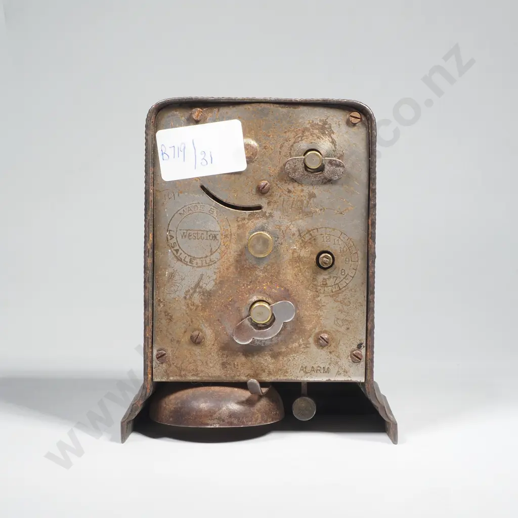 Antique Westclox Ironclad Clock featuring Heavy Cast Iron Decorations & a White Dial Marked 'Ironclad' Image 1++