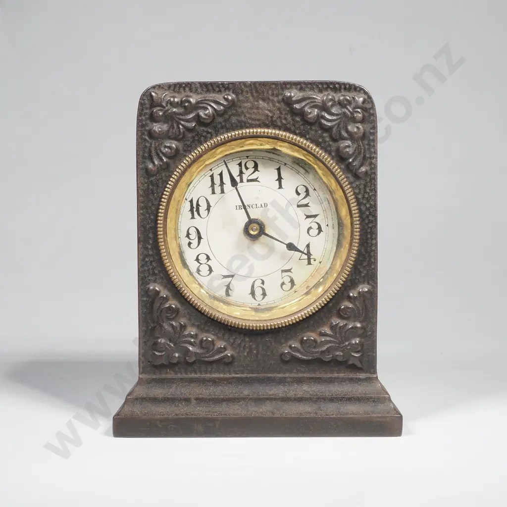 Antique Westclox Ironclad Clock featuring Heavy Cast Iron Decorations & a White Dial Marked 'Ironclad' Image 1++
