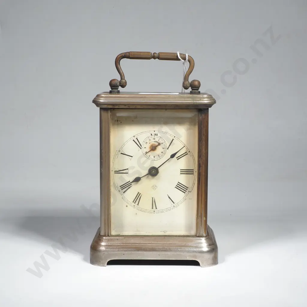 Antique Nickel Plate Brass Carriage Alarm Clock by the Ansonia Clock Co. w Small Upper Dial for Alarm Setting Image 1++
