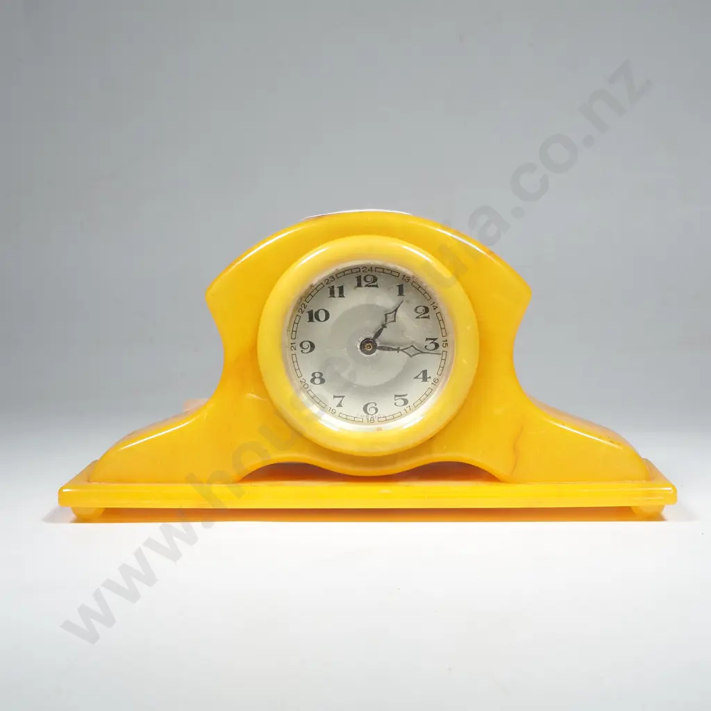 Vintage Butterscotch Yellow Marbled Plastic Mechanical Clock - Possibly French Image 1++