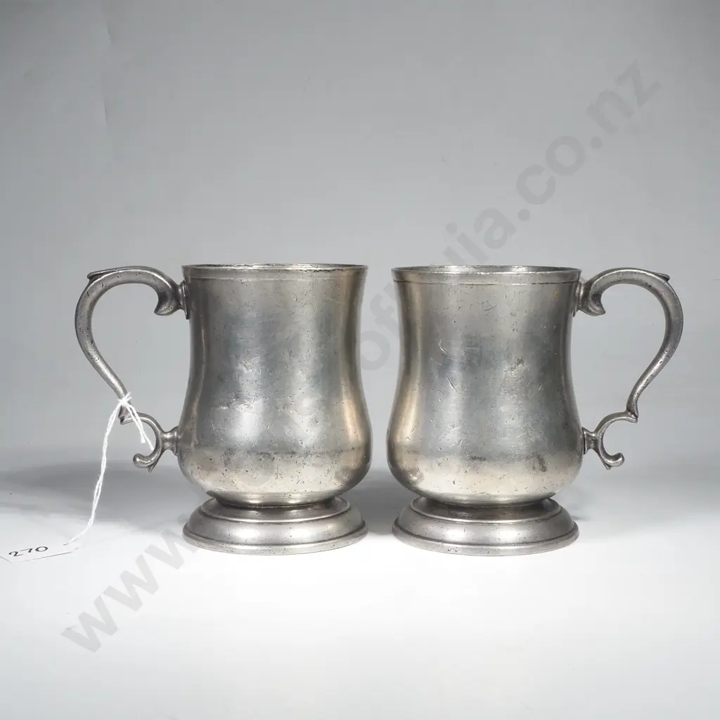 Pair of Baluster Shaped Pewter Mugs w Crown Touchmarks on Base & w Scroll Handles Image 1++