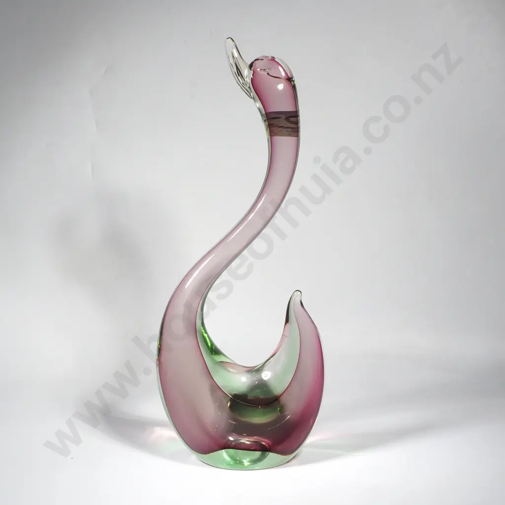 Stylised Sommerso Uranium Art Glass Swan w Upturned Beak in Pink & Green Image 1++