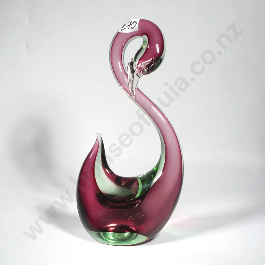 Stylised Sommerso Uranium Art Glass Swan w Down Turned Beak in Pink & Green Image 1++