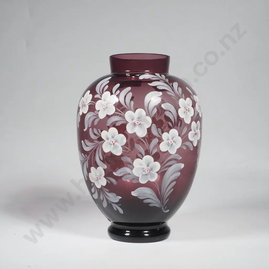 Vintage Amethyst Glass Vase w Hand Painted Floral Decoration Image 1++